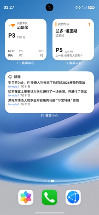F1 赛事中心桌面卡片