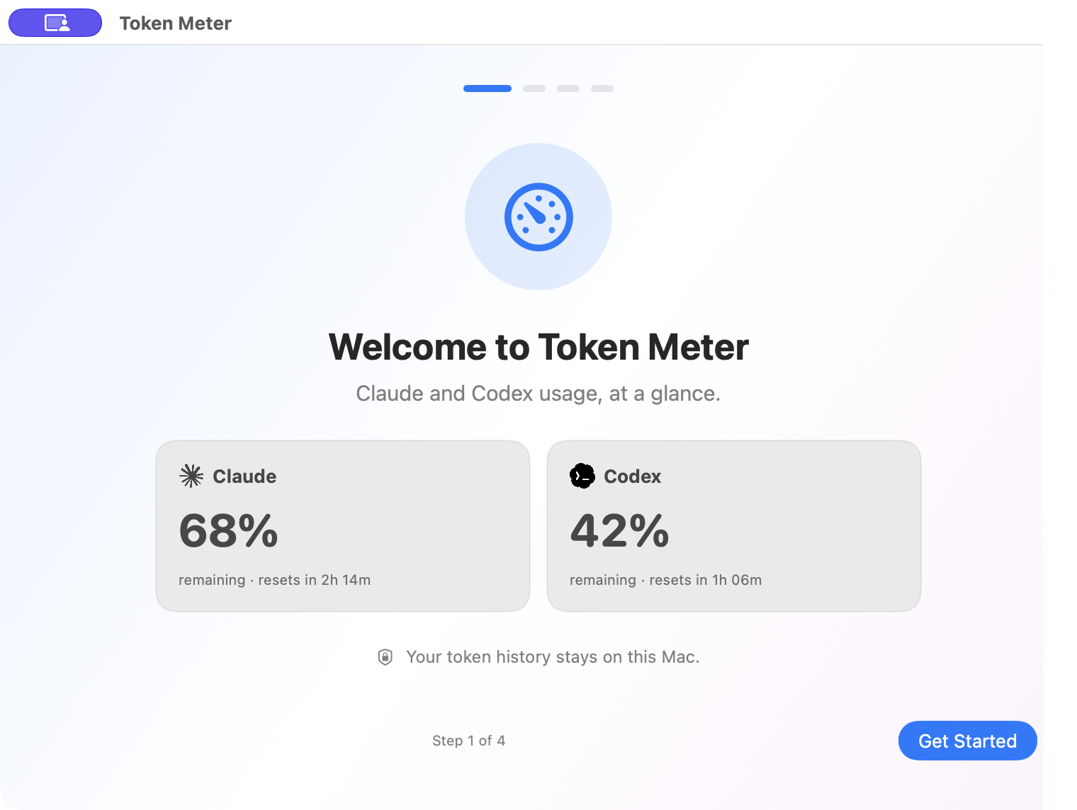 ClaudeとCodexの残り利用可能量を表示するToken Meterの画面